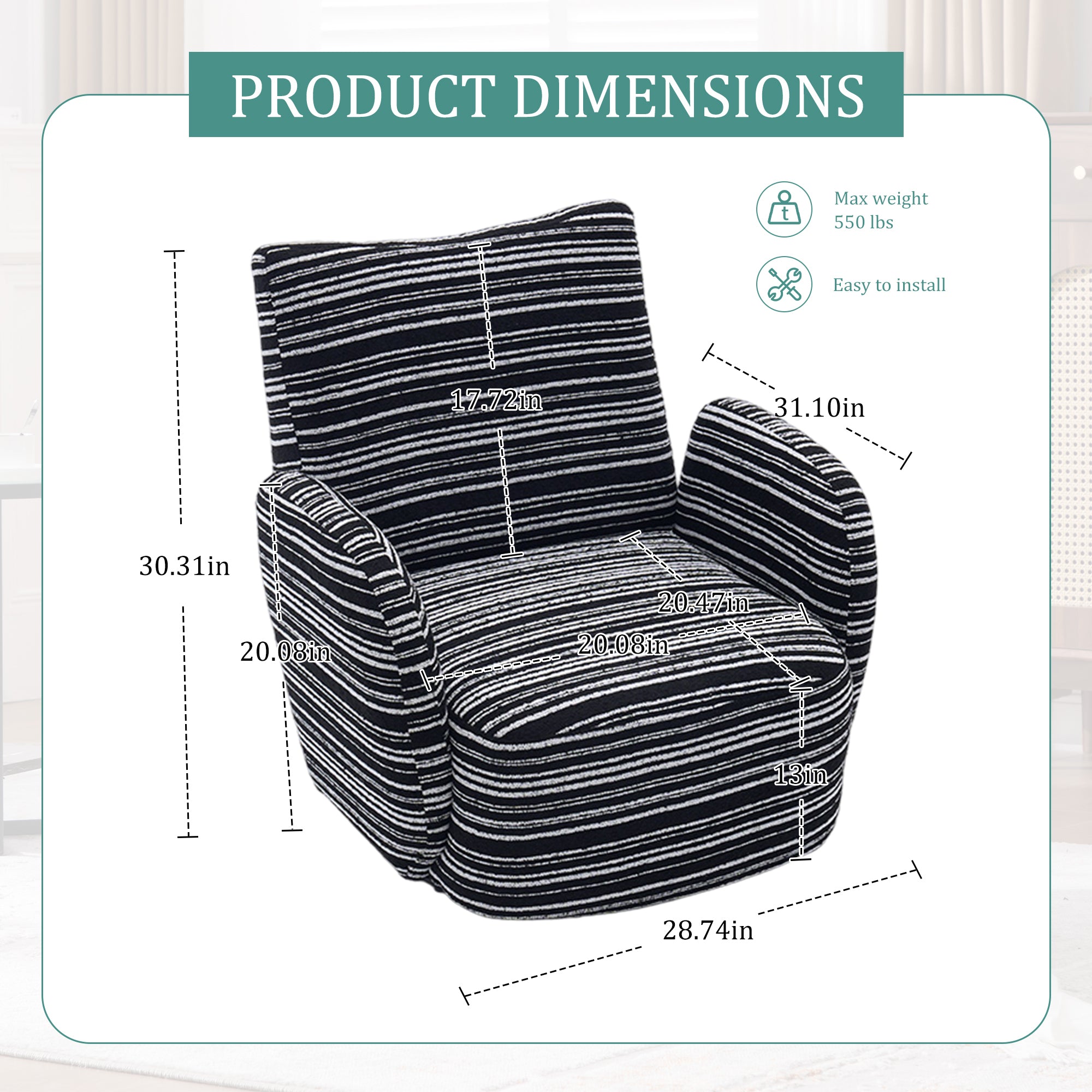 Modern Style 360° Swivel Leisure Chair Fabric Striped Armrest Swivel Chair with sand-rimmed fabric and metal bracket, suitable for living room, balcony and bedroom Accent Chair