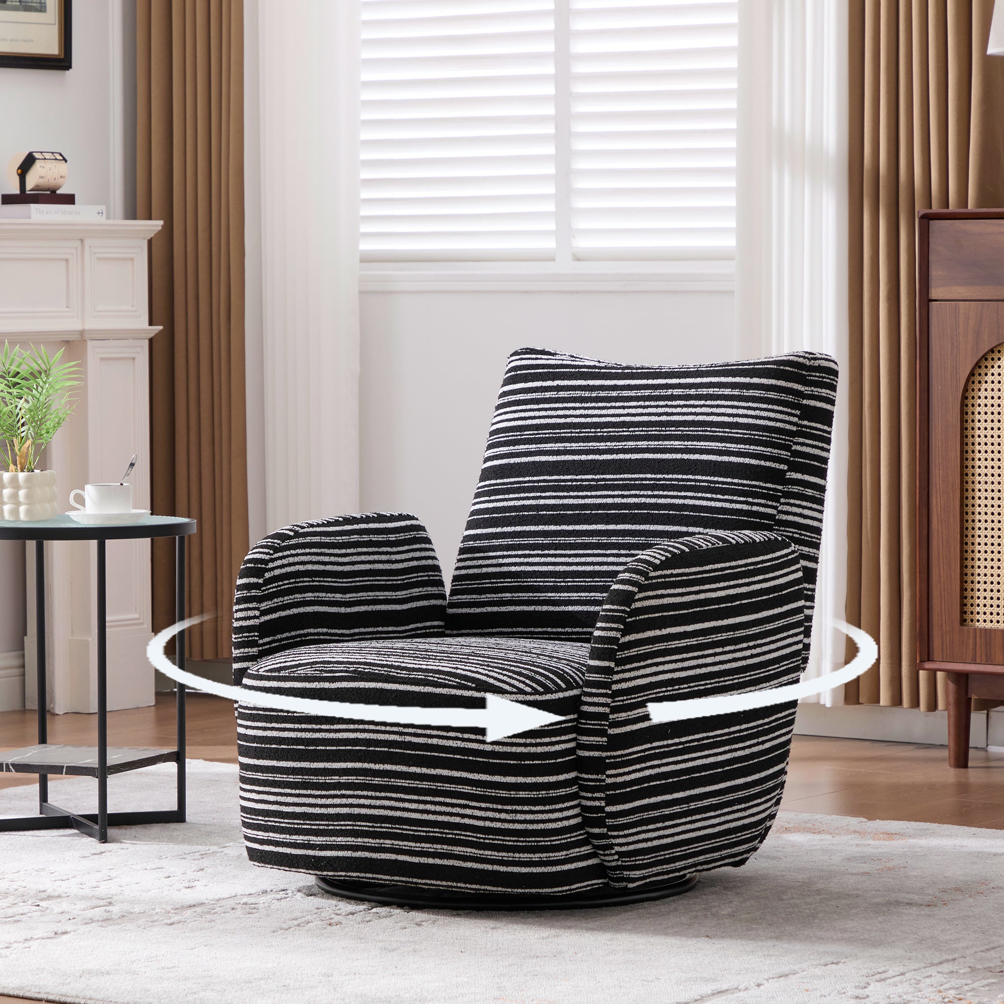 Modern Style 360° Swivel Leisure Chair Fabric Striped Armrest Swivel Chair with sand-rimmed fabric and metal bracket, suitable for living room, balcony and bedroom Accent Chair