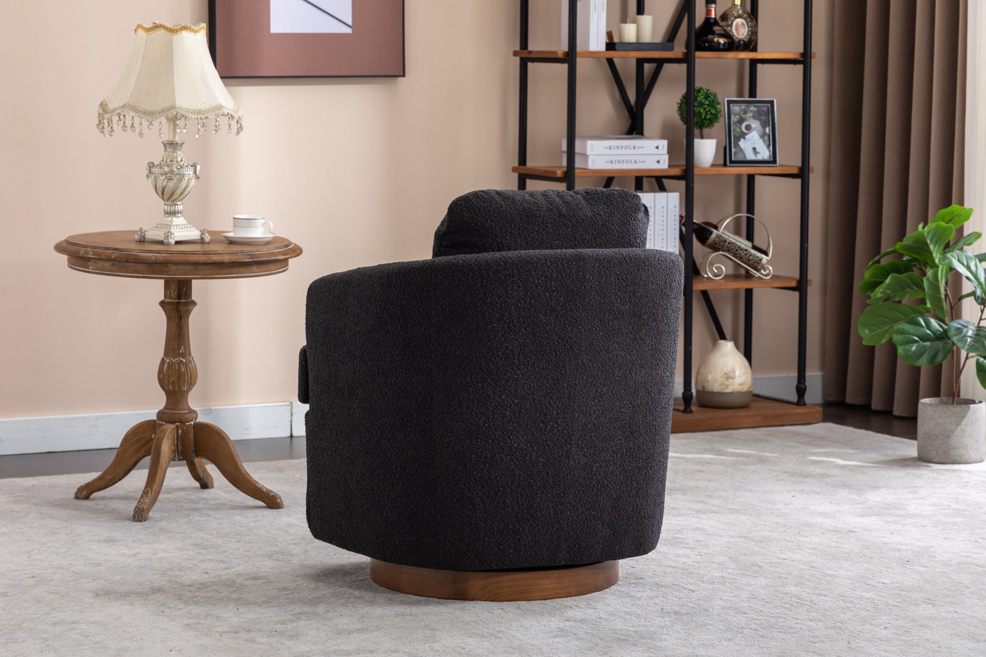 035-Boucle Fabric Swivel Accent Chair With Soild Wood Round Brown Base Leg,Black