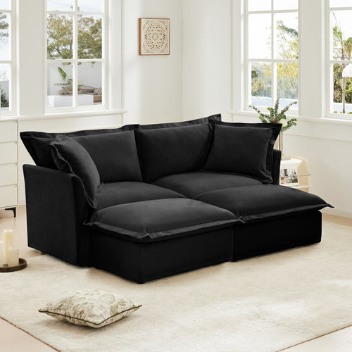 Slipcovered Sofa 2 Seater Sofa With 2 Ottomans, 2 Seater Sleeper Sofa Bed Home Theater Oversized Sofa For Living Room, Chenille, Black