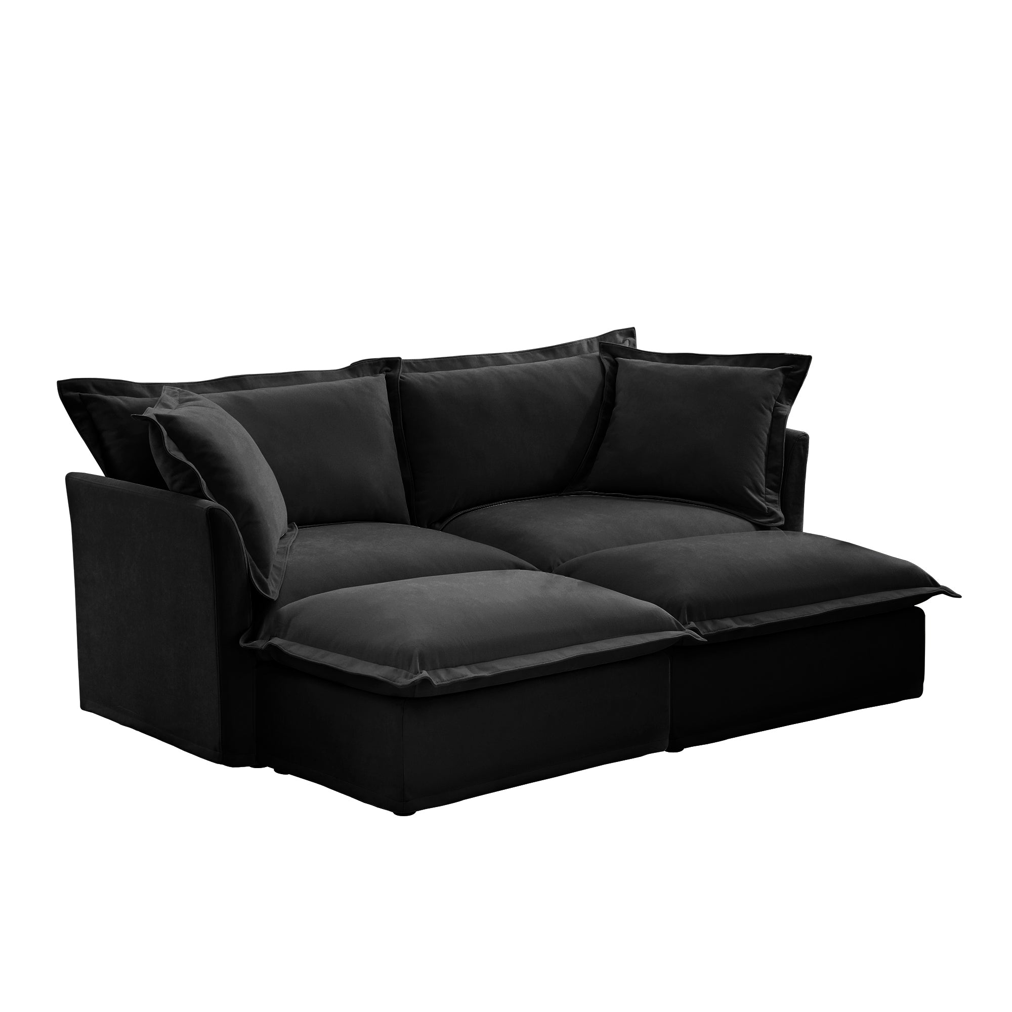 Slipcovered Sofa 2 Seater Sofa With 2 Ottomans, 2 Seater Sleeper Sofa Bed Home Theater Oversized Sofa For Living Room, Chenille, Black