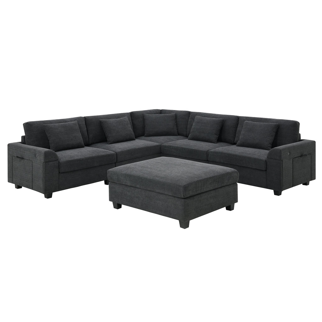 128*67' U Shaped Sectional Sofa,6 Seat Chenille Couch Set with Oversized Ottoman,Hidden Armrest Storage and Cup Holders,USB Charging Ports,Wide Seat Sofa for Living Room,Apartment,2 Colors