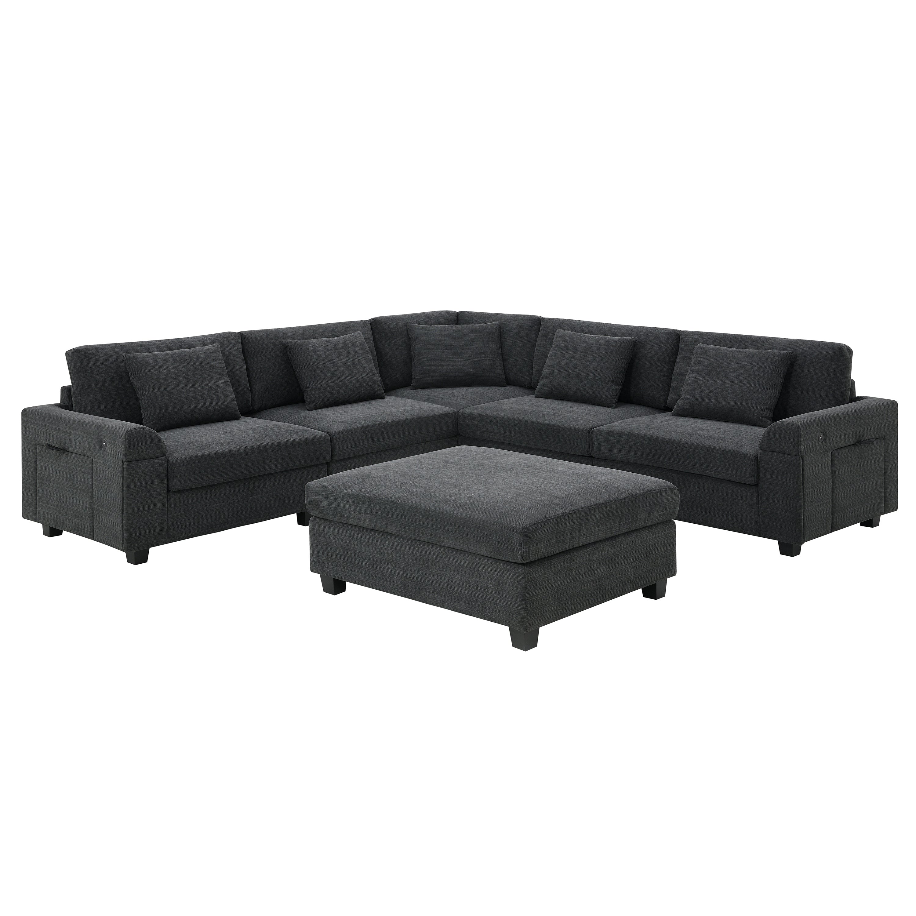 128*67' U Shaped Sectional Sofa,6 Seat Chenille Couch Set with Oversized Ottoman,Hidden Armrest Storage and Cup Holders,USB Charging Ports,Wide Seat Sofa for Living Room,Apartment,2 Colors