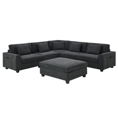 128*67' U Shaped Sectional Sofa,6 Seat Chenille Couch Set with Oversized Ottoman,Hidden Armrest Storage and Cup Holders,USB Charging Ports,Wide Seat Sofa for Living Room,Apartment,2 Colors