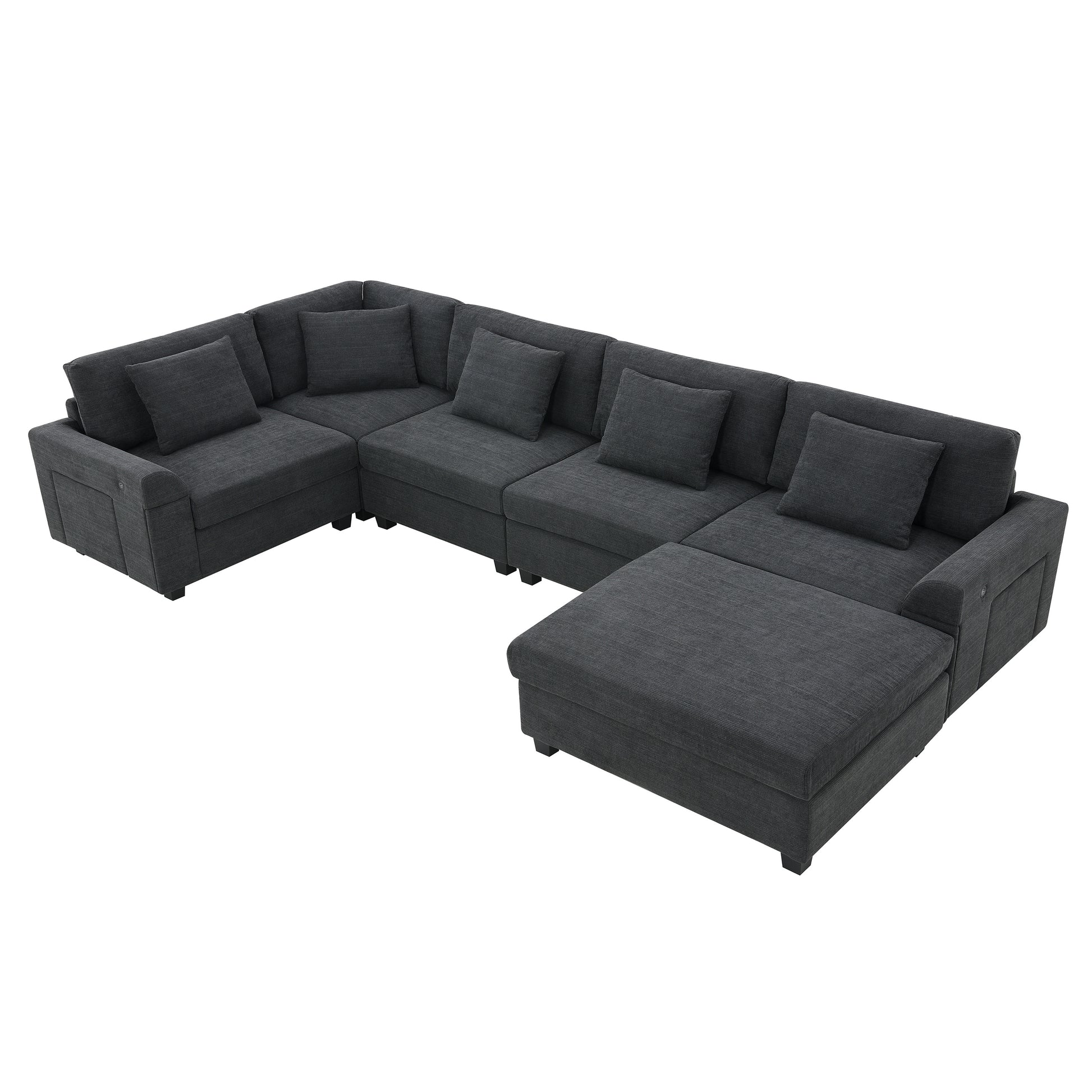 128*67' U Shaped Sectional Sofa,6 Seat Chenille Couch Set with Oversized Ottoman,Hidden Armrest Storage and Cup Holders,USB Charging Ports,Wide Seat Sofa for Living Room,Apartment,2 Colors