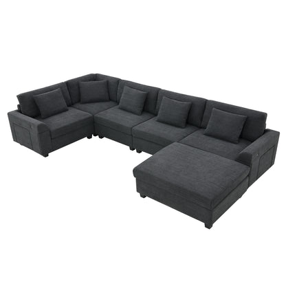 128*67' U Shaped Sectional Sofa,6 Seat Chenille Couch Set with Oversized Ottoman,Hidden Armrest Storage and Cup Holders,USB Charging Ports,Wide Seat Sofa for Living Room,Apartment,2 Colors
