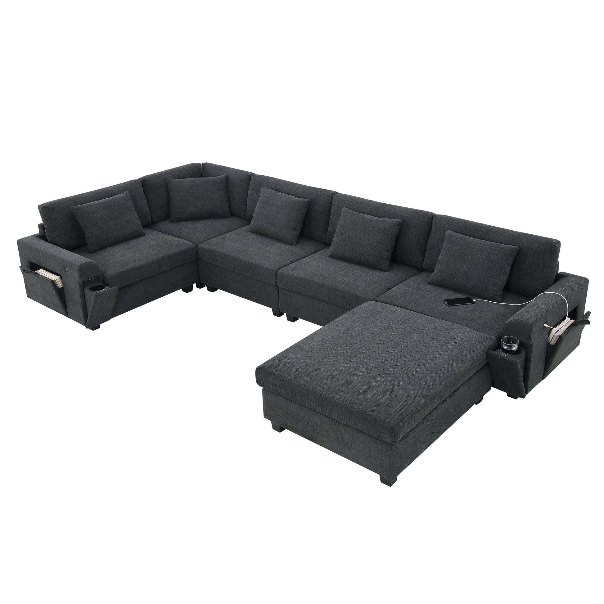 128*67' U Shaped Sectional Sofa,6 Seat Chenille Couch Set with Oversized Ottoman,Hidden Armrest Storage and Cup Holders,USB Charging Ports,Wide Seat Sofa for Living Room,Apartment,2 Colors