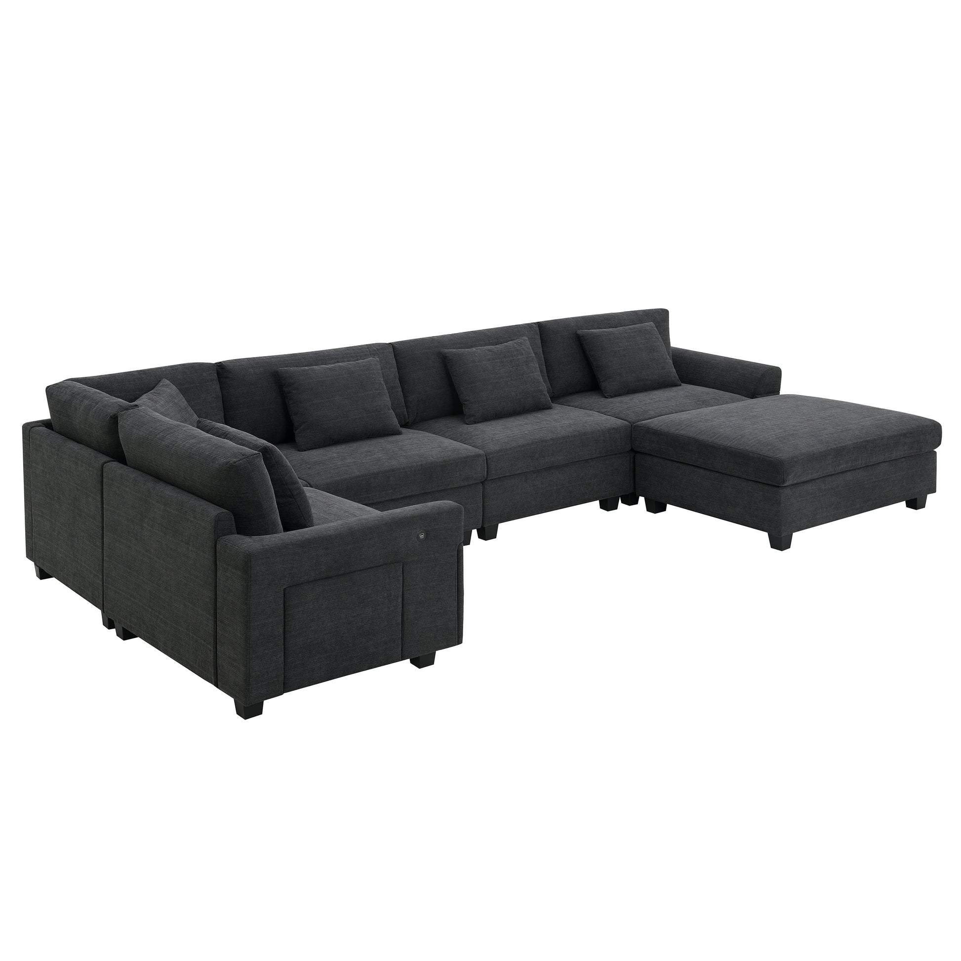 128*67' U Shaped Sectional Sofa,6 Seat Chenille Couch Set with Oversized Ottoman,Hidden Armrest Storage and Cup Holders,USB Charging Ports,Wide Seat Sofa for Living Room,Apartment,2 Colors