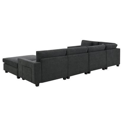 128*67' U Shaped Sectional Sofa,6 Seat Chenille Couch Set with Oversized Ottoman,Hidden Armrest Storage and Cup Holders,USB Charging Ports,Wide Seat Sofa for Living Room,Apartment,2 Colors