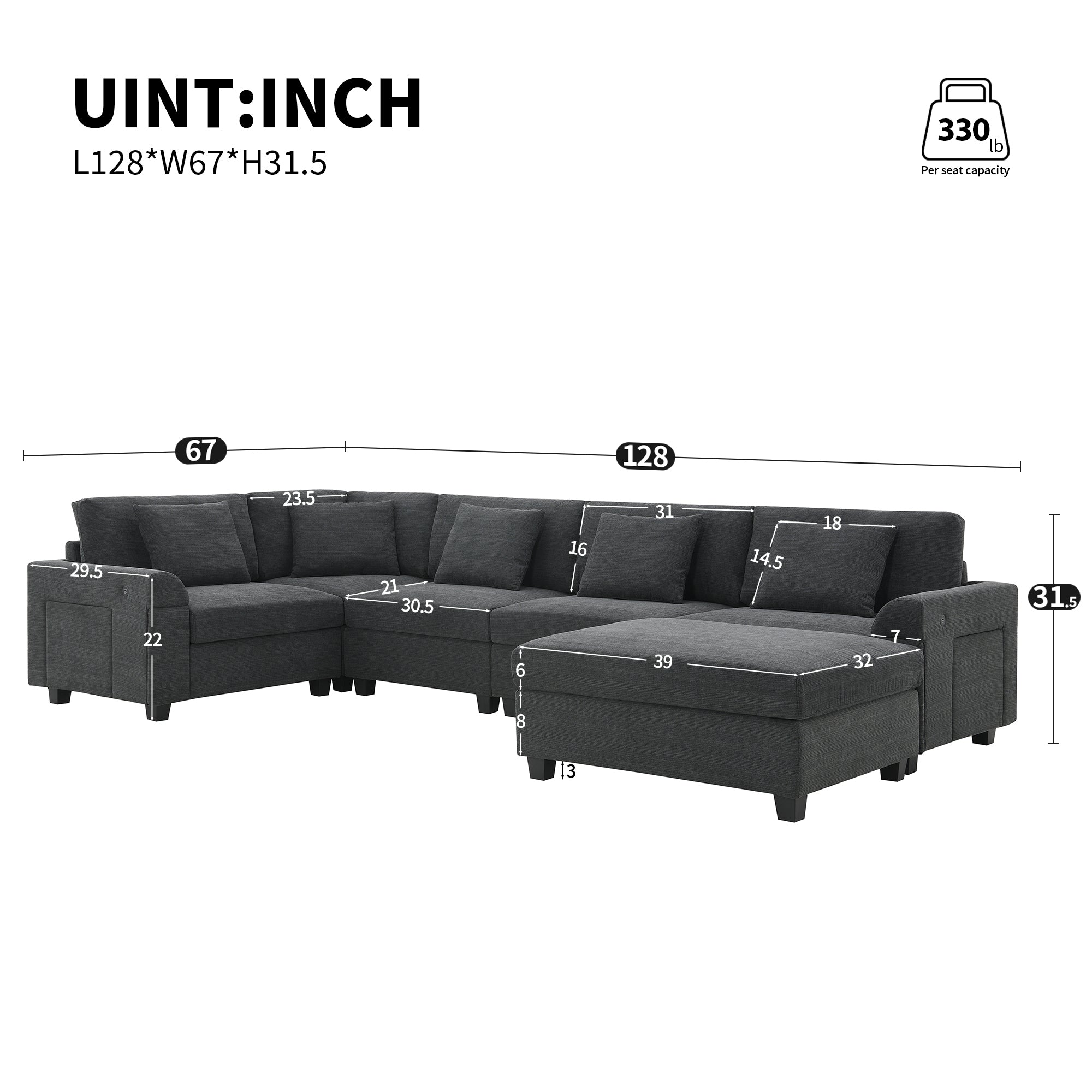 128*67' U Shaped Sectional Sofa,6 Seat Chenille Couch Set with Oversized Ottoman,Hidden Armrest Storage and Cup Holders,USB Charging Ports,Wide Seat Sofa for Living Room,Apartment,2 Colors