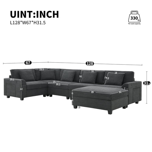 128*67' U Shaped Sectional Sofa,6 Seat Chenille Couch Set with Oversized Ottoman,Hidden Armrest Storage and Cup Holders,USB Charging Ports,Wide Seat Sofa for Living Room,Apartment,2 Colors
