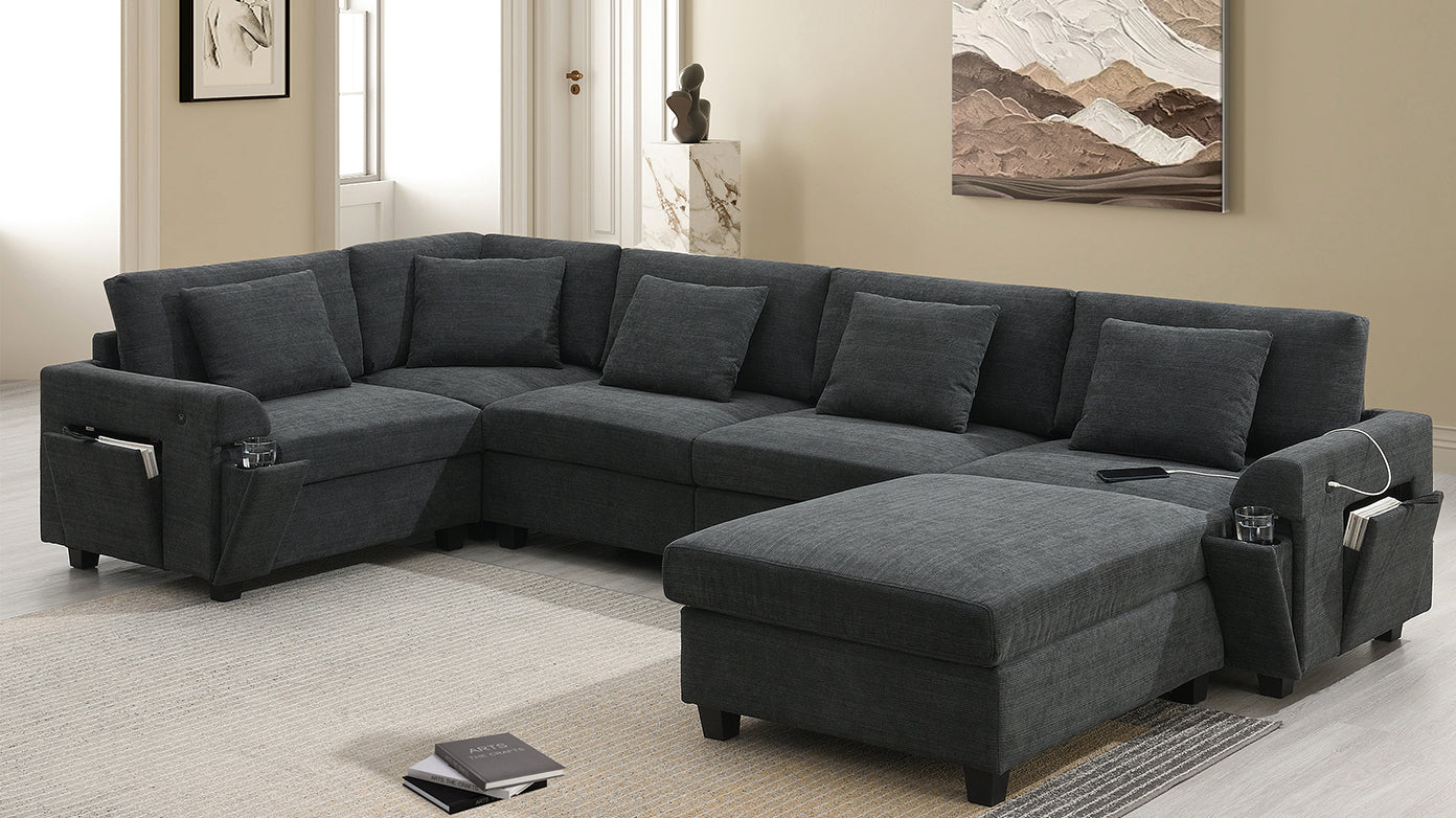 128*67' U Shaped Sectional Sofa,6 Seat Chenille Couch Set with Oversized Ottoman,Hidden Armrest Storage and Cup Holders,USB Charging Ports,Wide Seat Sofa for Living Room,Apartment,2 Colors