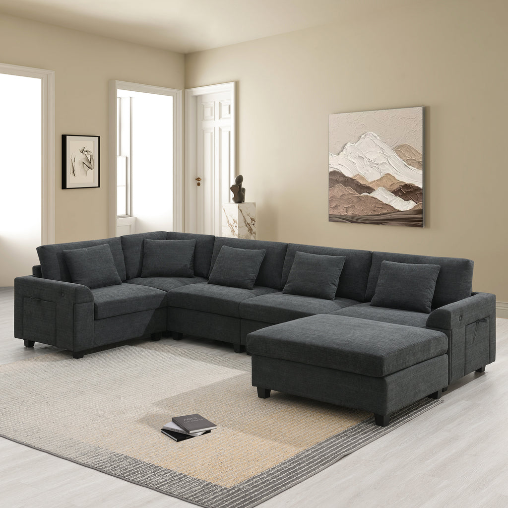 128*67' U Shaped Sectional Sofa,6 Seat Chenille Couch Set with Oversized Ottoman,Hidden Armrest Storage and Cup Holders,USB Charging Ports,Wide Seat Sofa for Living Room,Apartment,2 Colors