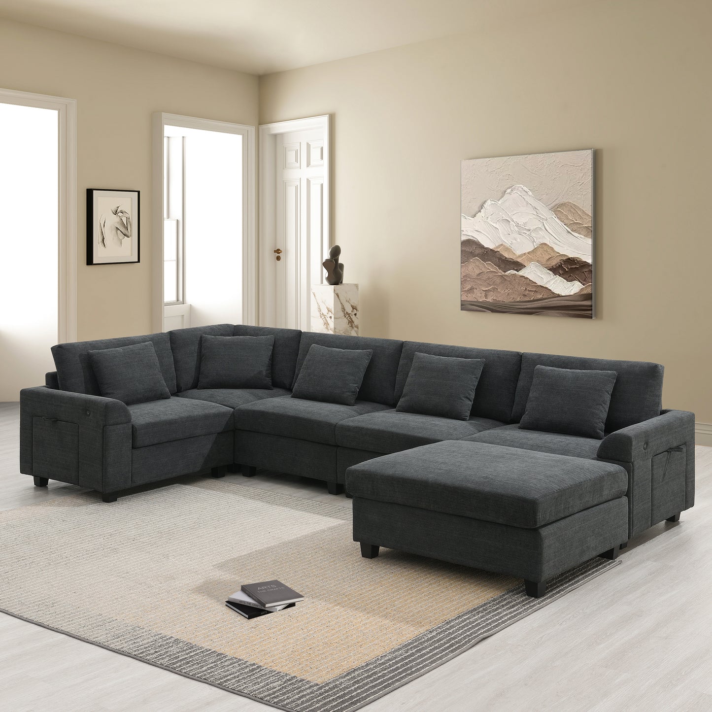 128*67' U Shaped Sectional Sofa,6 Seat Chenille Couch Set with Oversized Ottoman,Hidden Armrest Storage and Cup Holders,USB Charging Ports,Wide Seat Sofa for Living Room,Apartment,2 Colors