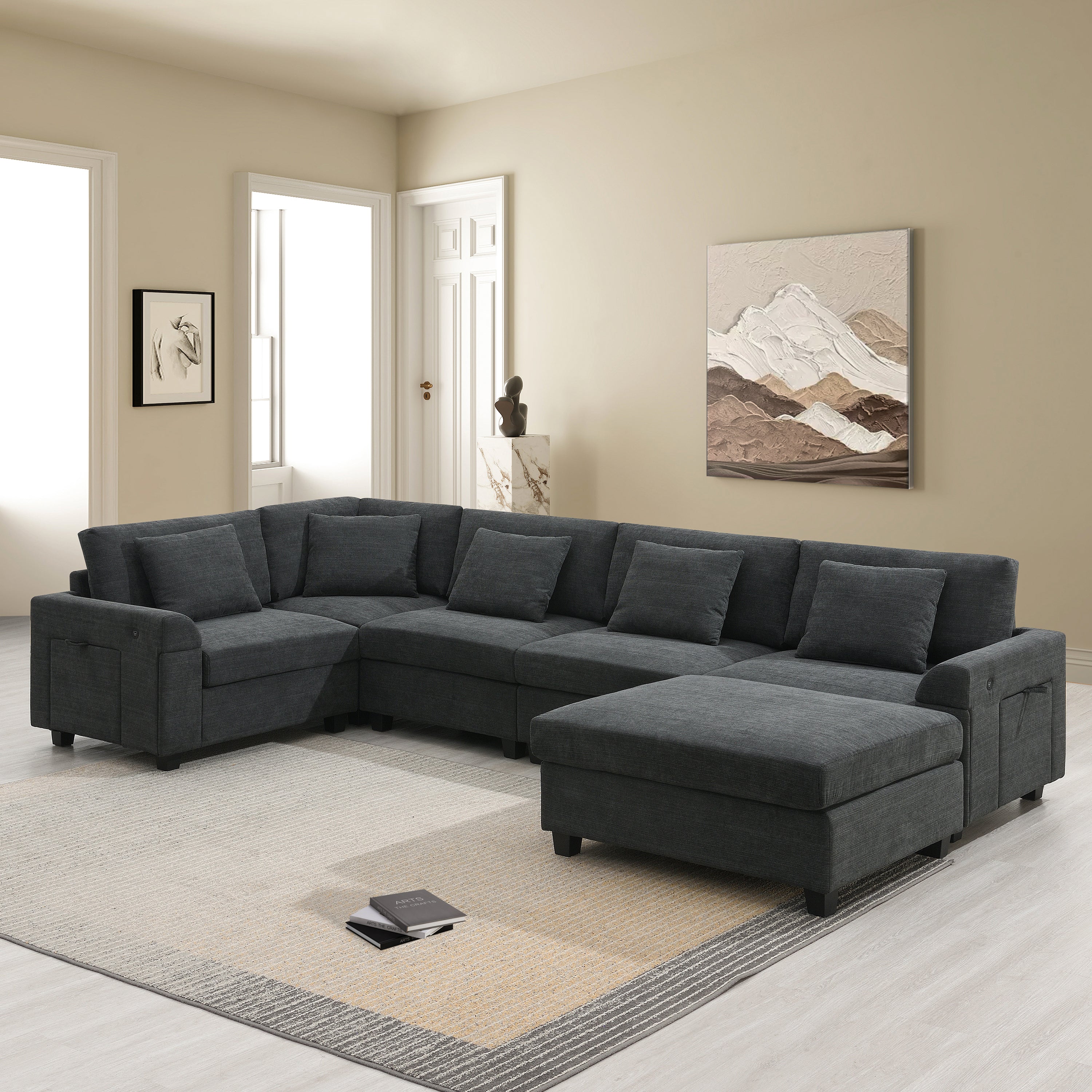 128*67' U Shaped Sectional Sofa,6 Seat Chenille Couch Set with Oversized Ottoman,Hidden Armrest Storage and Cup Holders,USB Charging Ports,Wide Seat Sofa for Living Room,Apartment,2 Colors