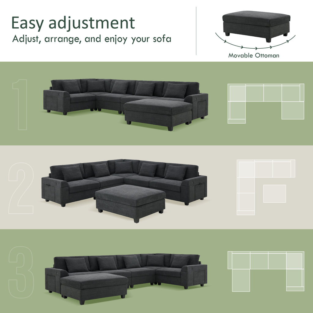 128*67' U Shaped Sectional Sofa,6 Seat Chenille Couch Set with Oversized Ottoman,Hidden Armrest Storage and Cup Holders,USB Charging Ports,Wide Seat Sofa for Living Room,Apartment,2 Colors