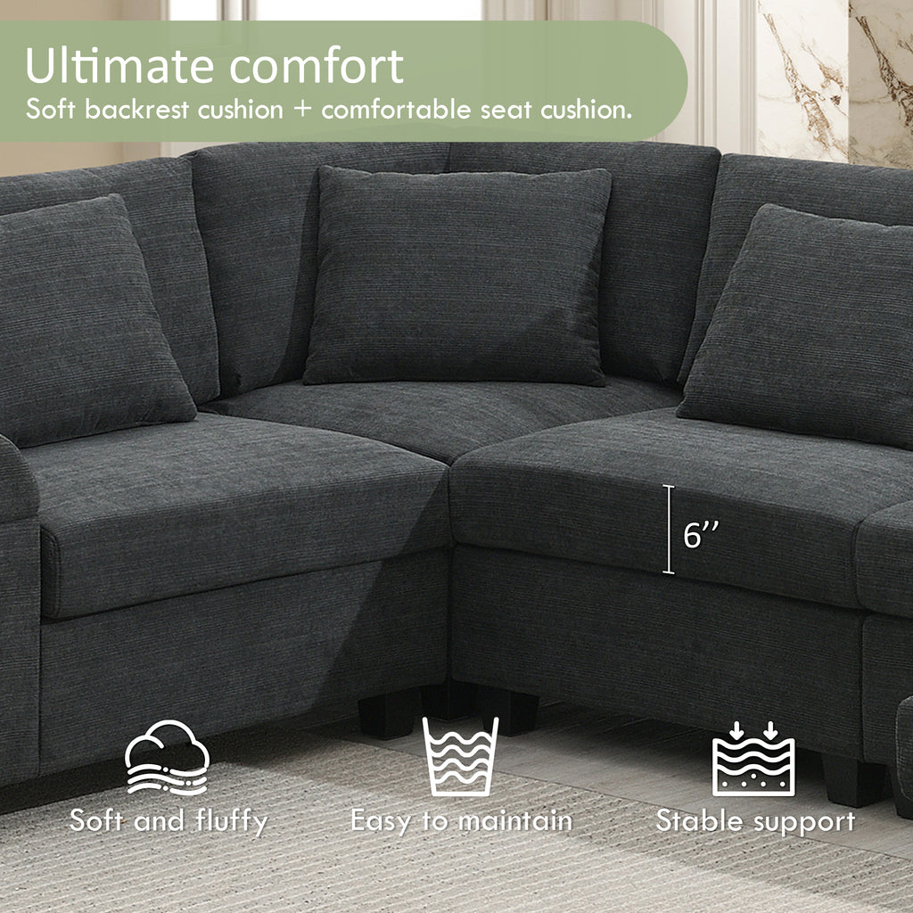 128*67' U Shaped Sectional Sofa,6 Seat Chenille Couch Set with Oversized Ottoman,Hidden Armrest Storage and Cup Holders,USB Charging Ports,Wide Seat Sofa for Living Room,Apartment,2 Colors