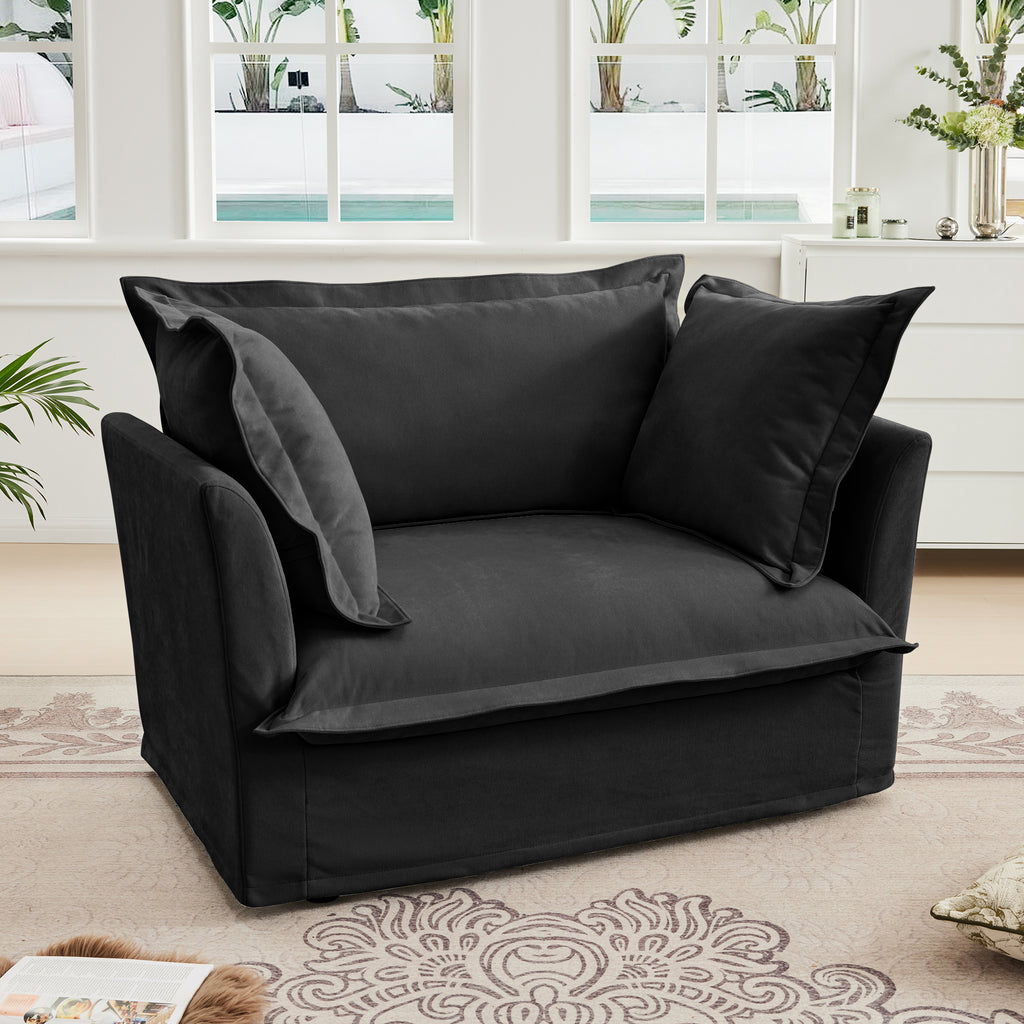 Slip-covered Armchair with 1 Big Back Cushion and 2 Big Toss Pillows, Single Deep Seat Comfy Single Couch Sofa Multiple Large Soft Pillows, Chenille Fabric, Black