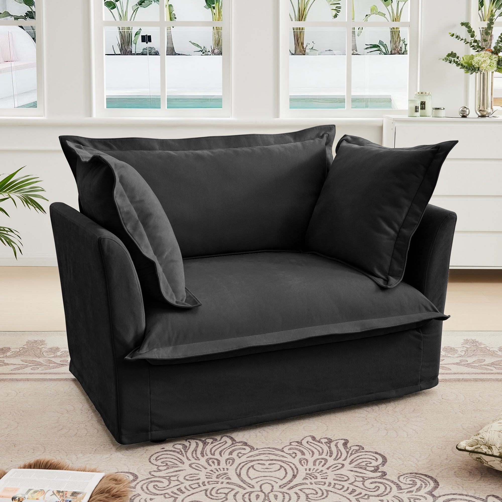 Slip-covered Armchair with 1 Big Back Cushion and 2 Big Toss Pillows, Single Deep Seat Comfy Single Couch Sofa Multiple Large Soft Pillows, Chenille Fabric, Black