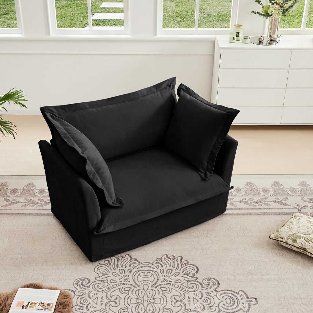 Slip-covered Armchair with 1 Big Back Cushion and 2 Big Toss Pillows, Single Deep Seat Comfy Single Couch Sofa Multiple Large Soft Pillows, Chenille Fabric, Black