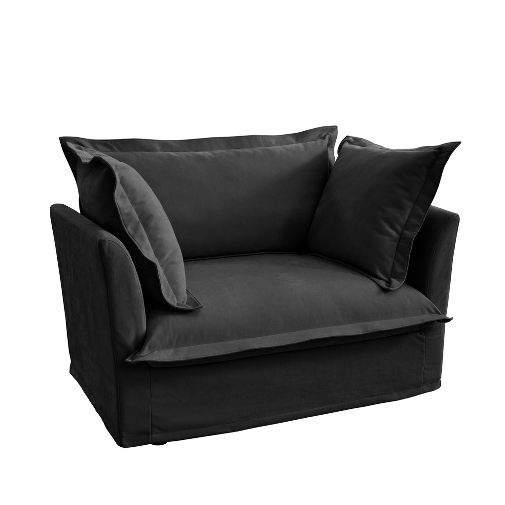Slip-covered Armchair with 1 Big Back Cushion and 2 Big Toss Pillows, Single Deep Seat Comfy Single Couch Sofa Multiple Large Soft Pillows, Chenille Fabric, Black