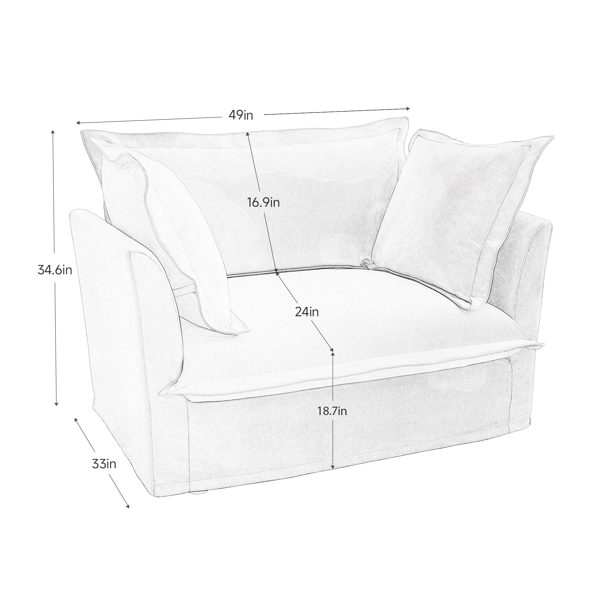 Slip-covered Armchair with 1 Big Back Cushion and 2 Big Toss Pillows, Single Deep Seat Comfy Single Couch Sofa Multiple Large Soft Pillows, Chenille Fabric, Black