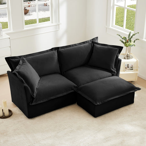 Slipcovered Sectional 2 Seater Sofa Couch with Convertible Ottoman, Wide and Deep Seat L Shaped Sofa with Detachable Cover and Soft Multiple Big Pillows, Chenille Fabric,Black