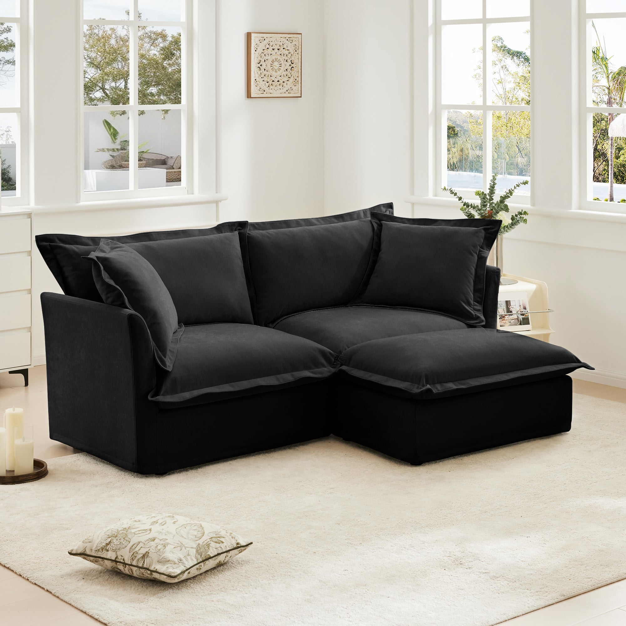 Slipcovered Sectional 2 Seater Sofa Couch with Convertible Ottoman, Wide and Deep Seat L Shaped Sofa with Detachable Cover and Soft Multiple Big Pillows, Chenille Fabric,Black