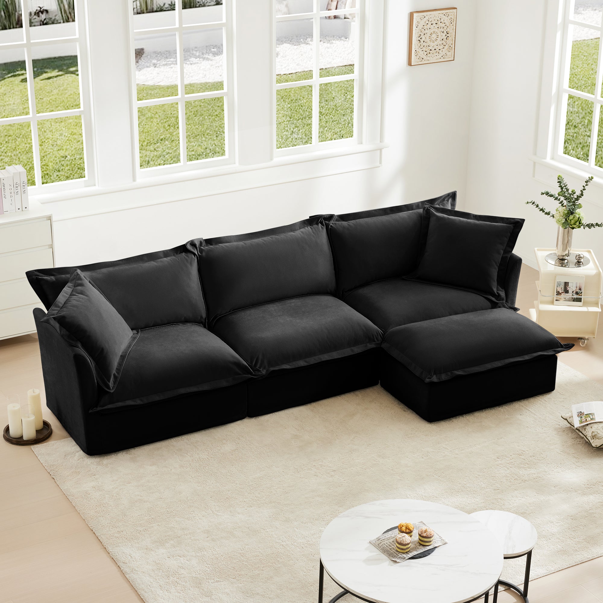 L-Shaped Slipcovered Sectional Sofa Couch, Comfy Chenille Deep Seat Cloud Couch with Convertible Ottoman & 2 Big Pillows, Modern Oversized 3 Seater Slipcovered Sofa Set for Living Room Office, Black