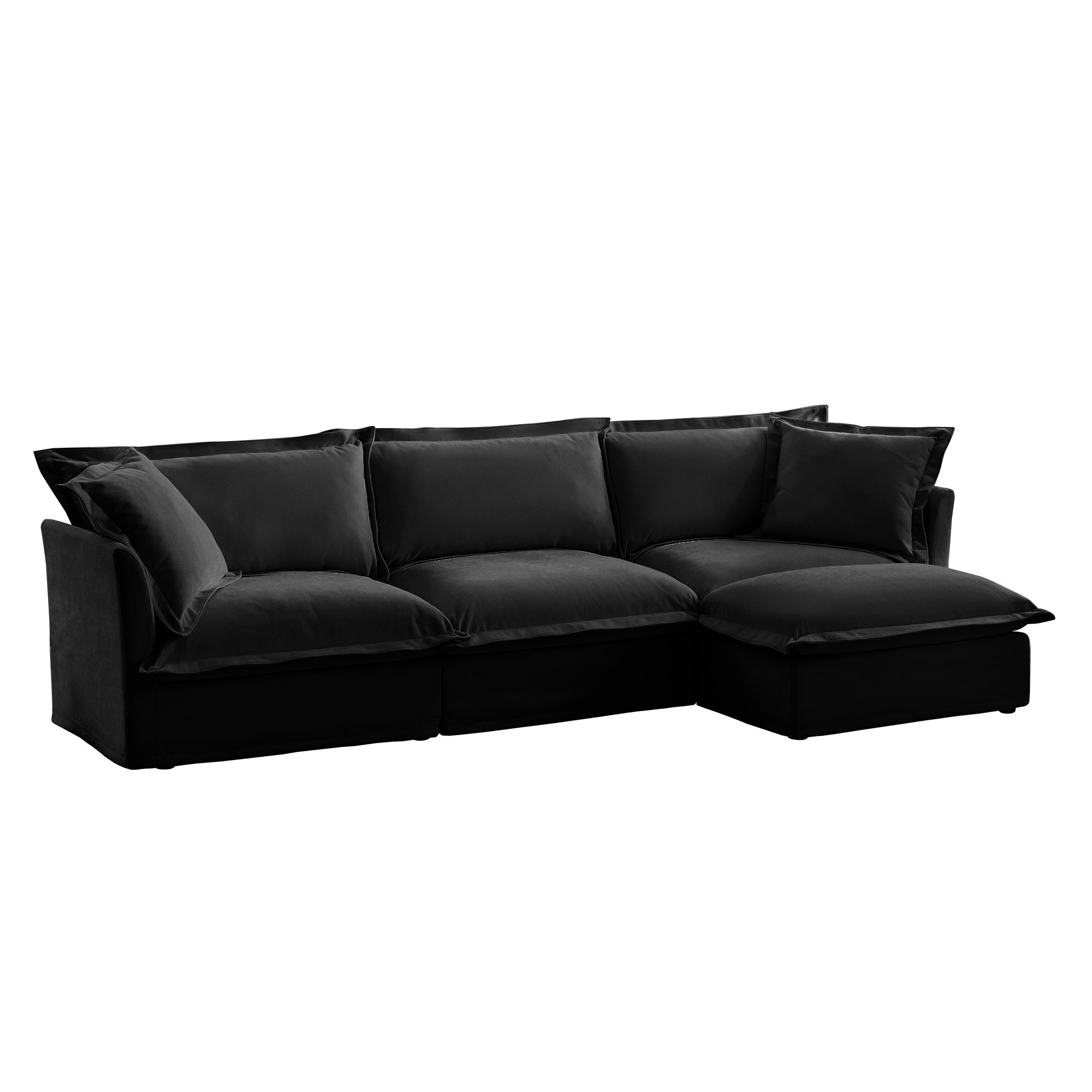 L-Shaped Slipcovered Sectional Sofa Couch, Comfy Chenille Deep Seat Cloud Couch with Convertible Ottoman & 2 Big Pillows, Modern Oversized 3 Seater Slipcovered Sofa Set for Living Room Office, Black
