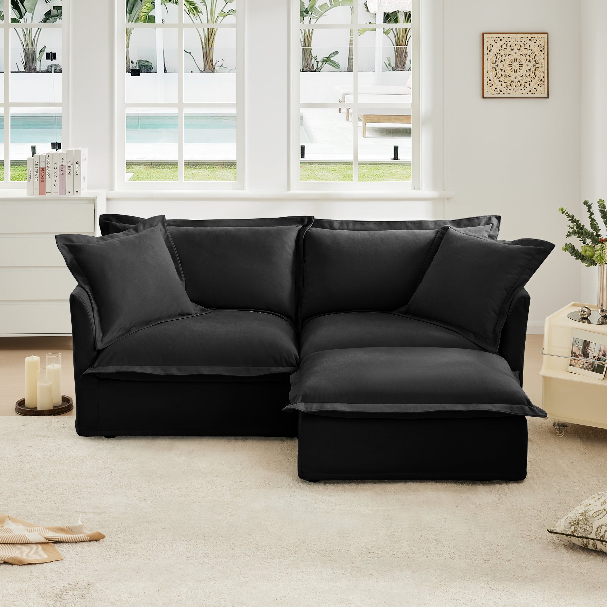 Slipcovered Sectional 2 Seater Sofa Couch with Convertible Ottoman, Wide and Deep Seat L Shaped Sofa with Detachable Cover and Soft Multiple Big Pillows, Chenille Fabric,Black