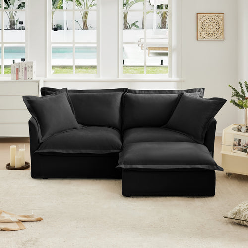 Slipcovered Sectional 2 Seater Sofa Couch with Convertible Ottoman, Wide and Deep Seat L Shaped Sofa with Detachable Cover and Soft Multiple Big Pillows, Chenille Fabric,Black