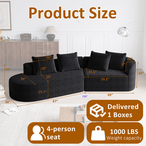 Modern Upholstered Oversized Sectional Sofa, 112-Inch Chenille 4-Seater Extra Deep & Wide Seat Curved Cloud Couch with 4 Throw Pillows, Free Combination Sofa Couch for Living Room,Bedroom