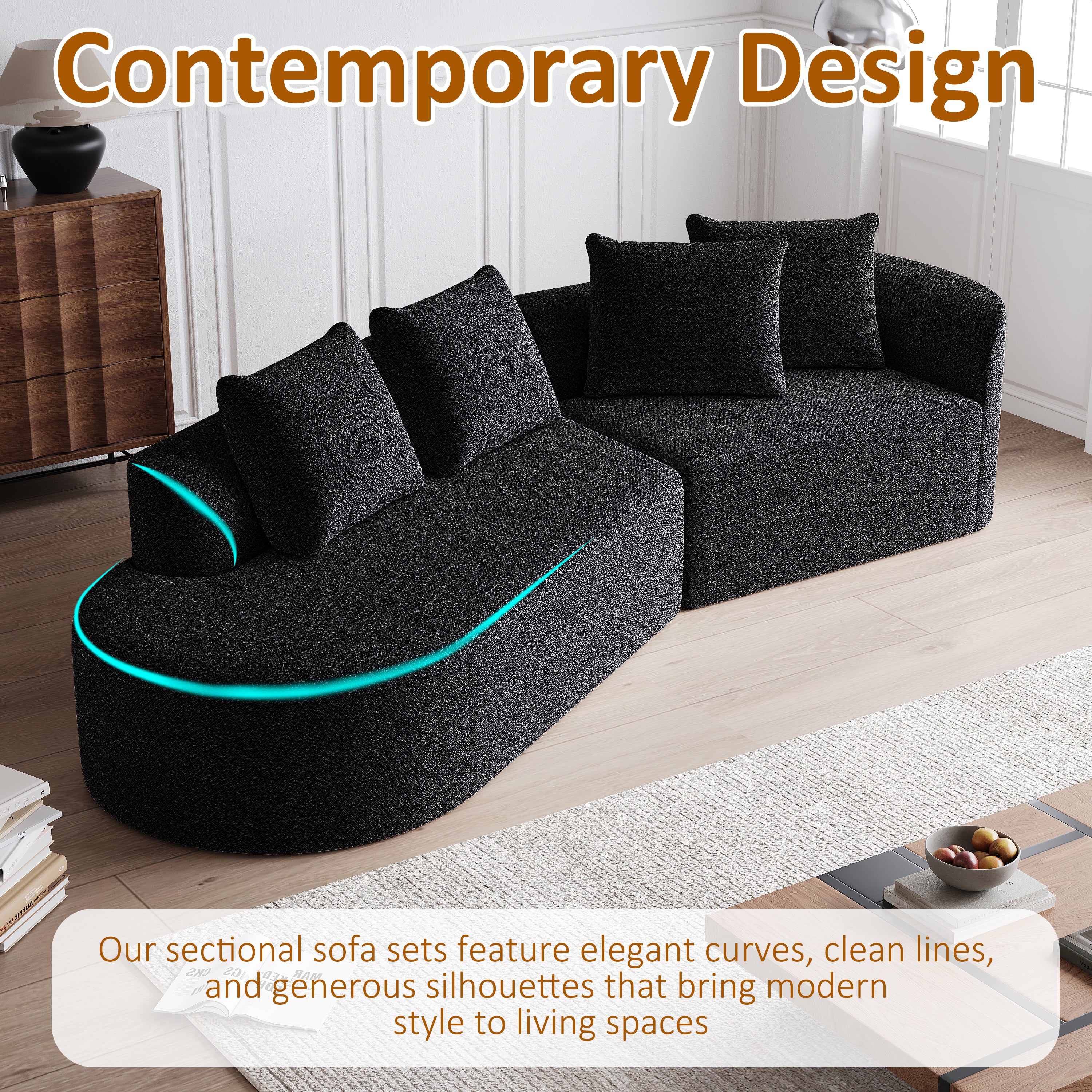 Modern Upholstered Oversized Sectional Sofa, 112-Inch Chenille 4-Seater Extra Deep & Wide Seat Curved Cloud Couch with 4 Throw Pillows, Free Combination Sofa Couch for Living Room,Bedroom