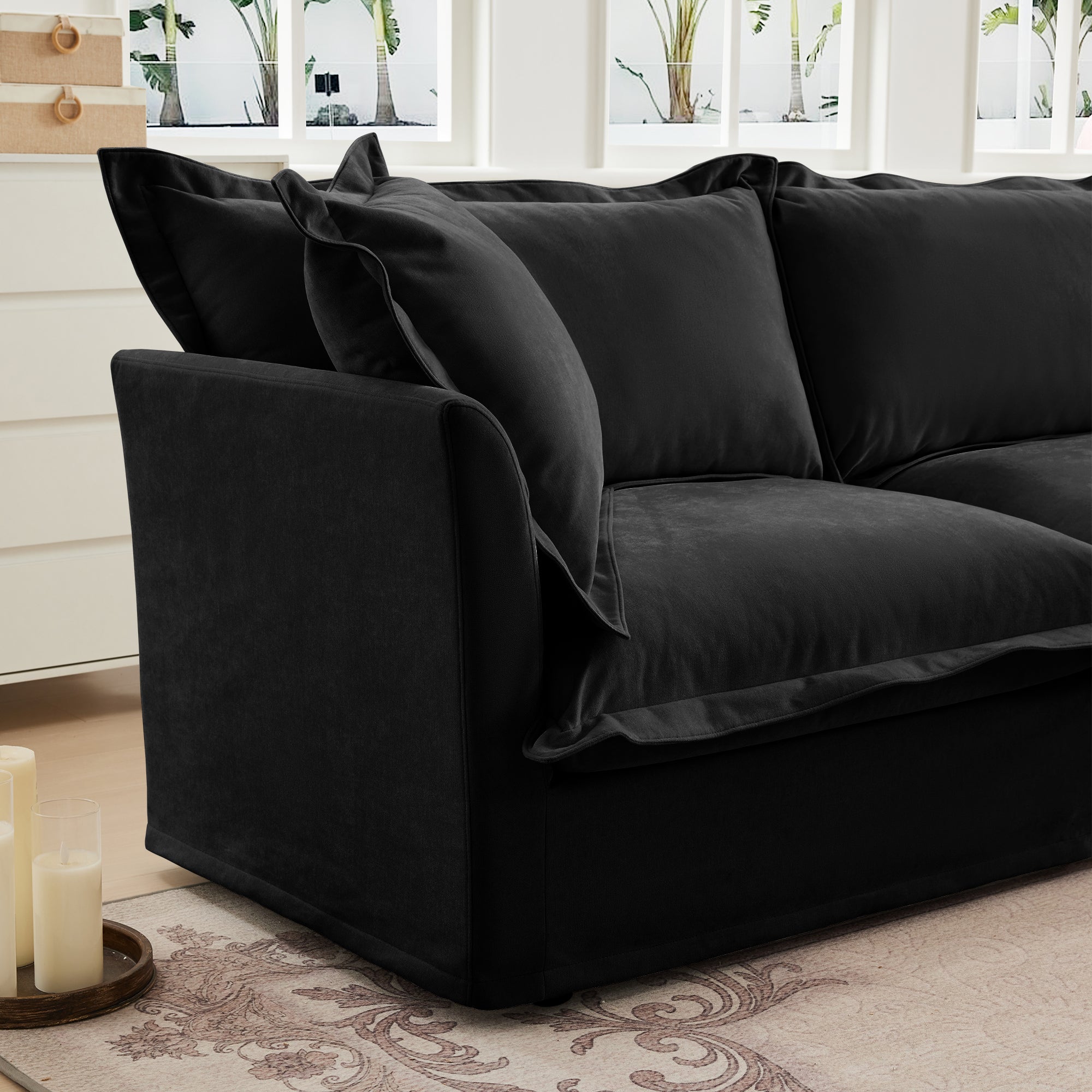 Living Room Sofa Slipcovered Sofa 3 Seater Sofa With 3 Ottomans, Oversized 3-Seat Sleeper Sofa Bed Home Theater Sofa, Chenille, Black