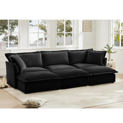 Living Room Sofa Slipcovered Sofa 3 Seater Sofa With 3 Ottomans, Oversized 3-Seat Sleeper Sofa Bed Home Theater Sofa, Chenille, Black