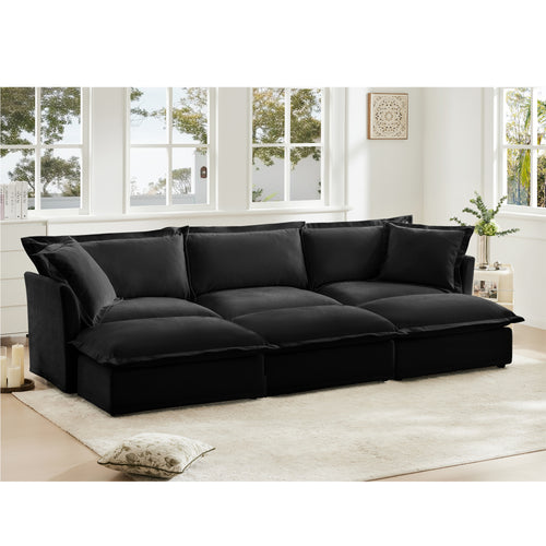 Living Room Sofa Slipcovered Sofa 3 Seater Sofa With 3 Ottomans, Oversized 3-Seat Sleeper Sofa Bed Home Theater Sofa, Chenille, Black