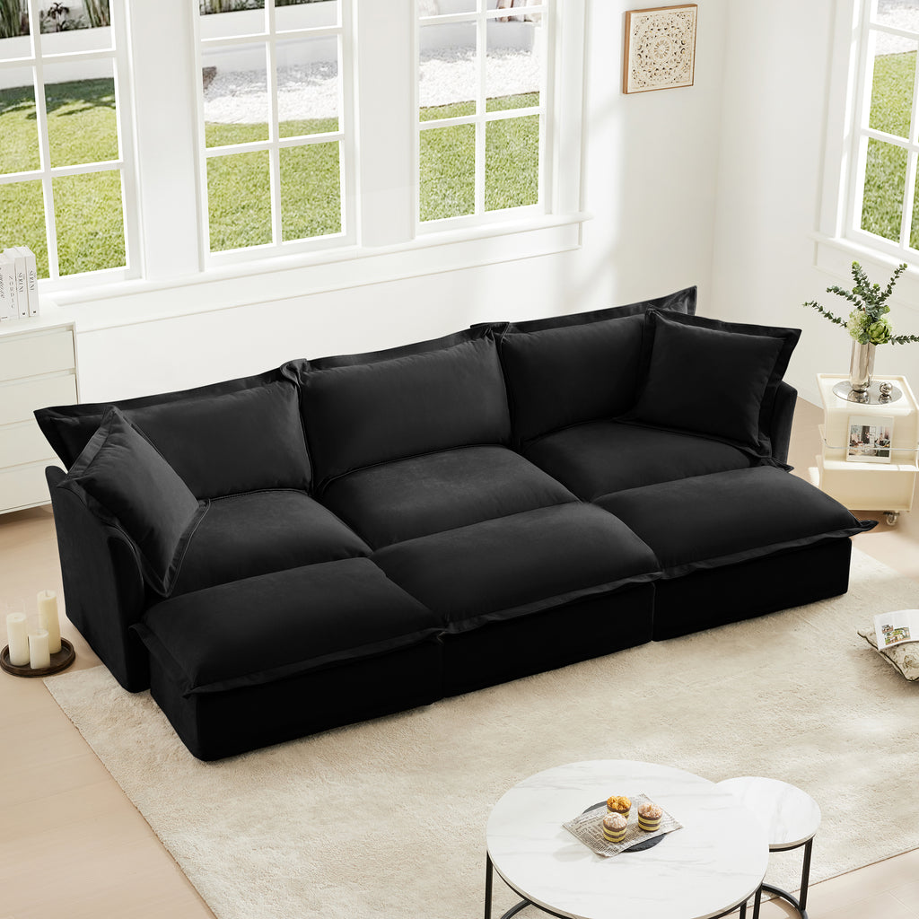 Living Room Sofa Slipcovered Sofa 3 Seater Sofa With 3 Ottomans, Oversized 3-Seat Sleeper Sofa Bed Home Theater Sofa, Chenille, Black
