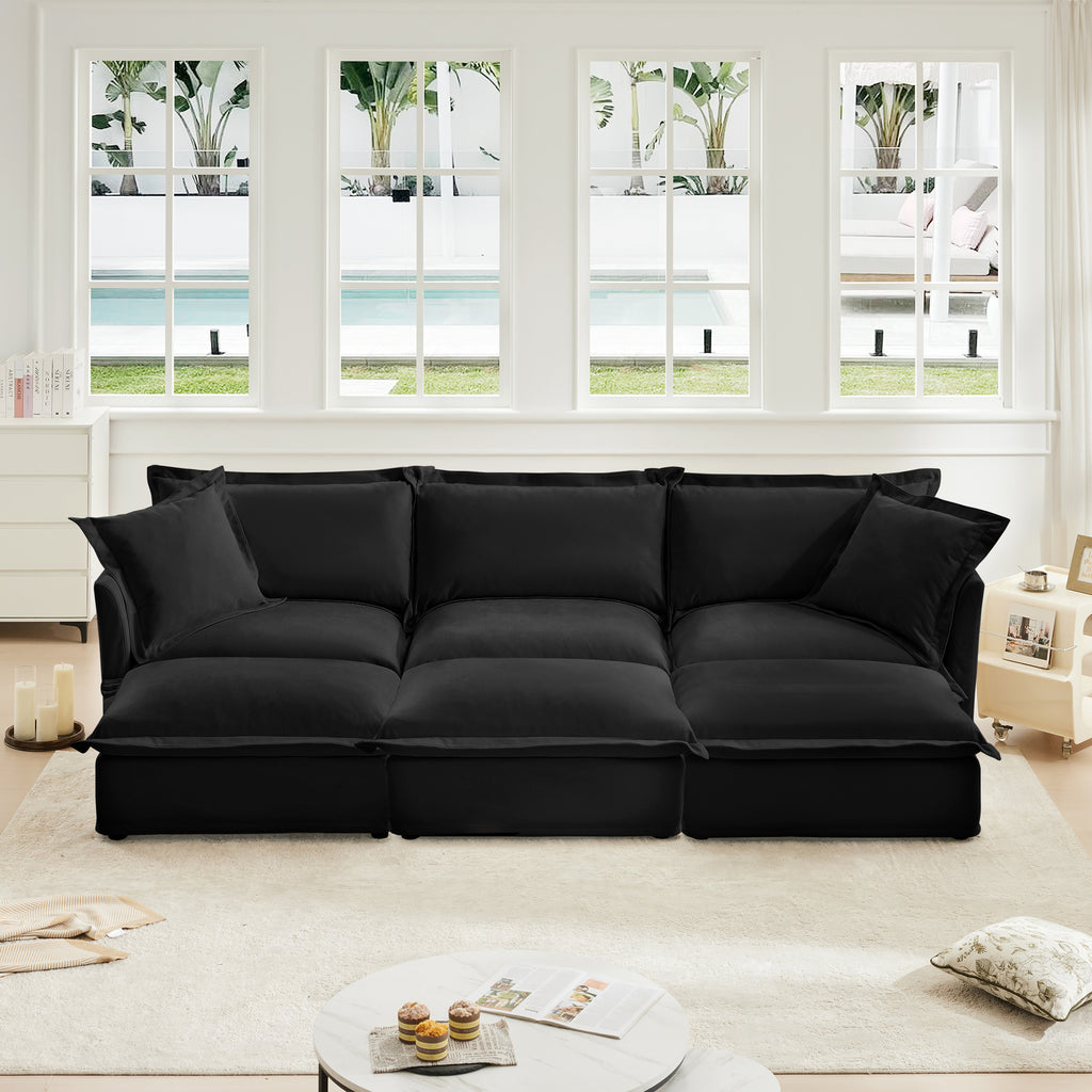 Living Room Sofa Slipcovered Sofa 3 Seater Sofa With 3 Ottomans, Oversized 3-Seat Sleeper Sofa Bed Home Theater Sofa, Chenille, Black