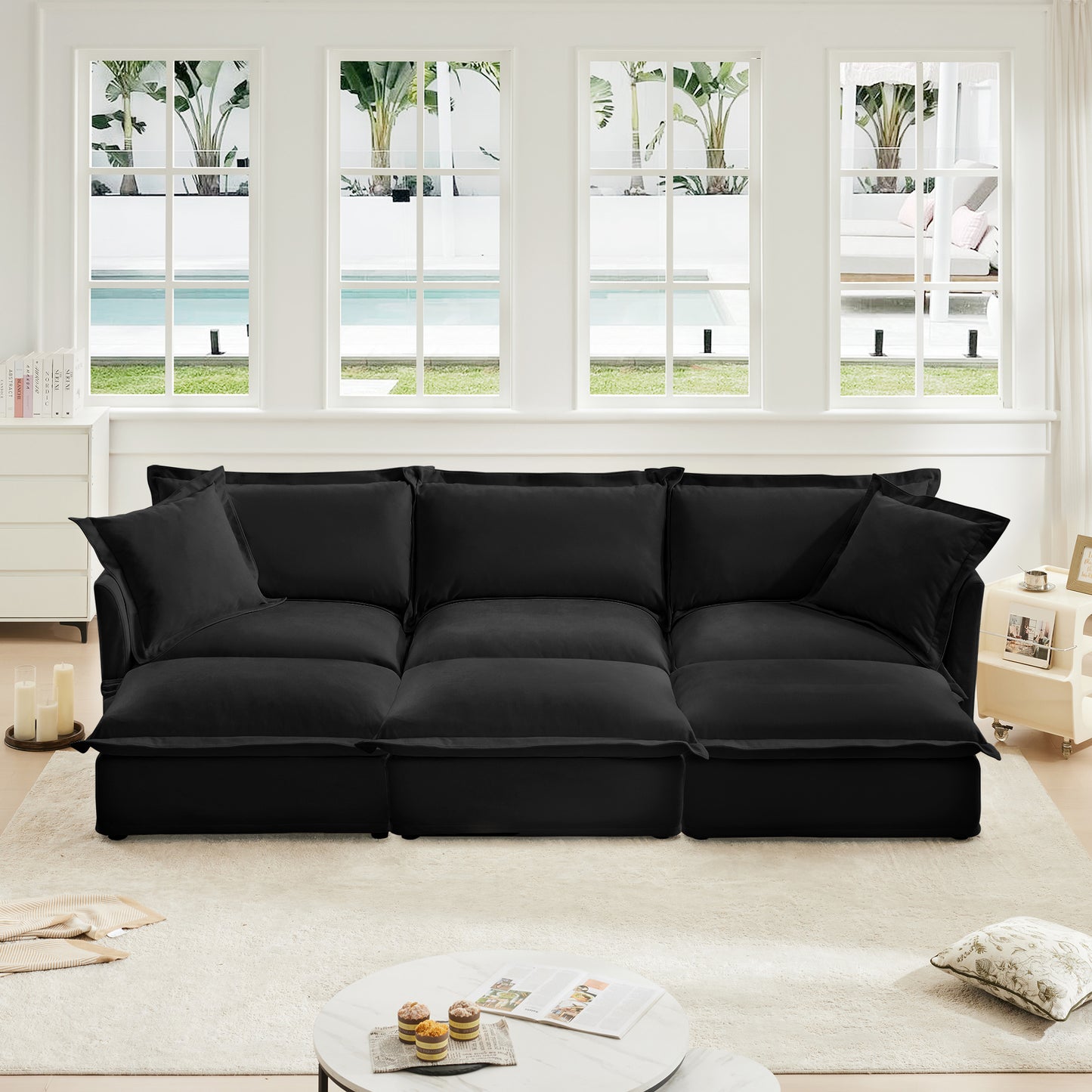 Living Room Sofa Slipcovered Sofa 3 Seater Sofa With 3 Ottomans, Oversized 3-Seat Sleeper Sofa Bed Home Theater Sofa, Chenille, Black