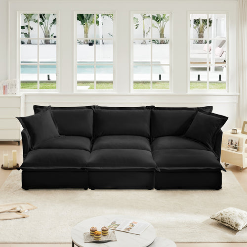 Living Room Sofa Slipcovered Sofa 3 Seater Sofa With 3 Ottomans, Oversized 3-Seat Sleeper Sofa Bed Home Theater Sofa, Chenille, Black