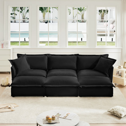 Living Room Sofa Slipcovered Sofa 3 Seater Sofa With 3 Ottomans, Oversized 3-Seat Sleeper Sofa Bed Home Theater Sofa, Chenille, Black