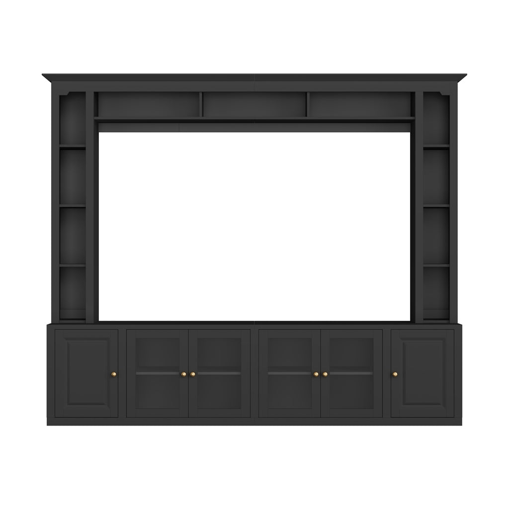 4-Piece Modern Entertainment Center Wall Unit with Bookshelves, All-in-1 Large TV Stand with Tempered Glass Door for TVs Up to 80', 92inch Media Console with Adjustable Shelves for Living Room, Black