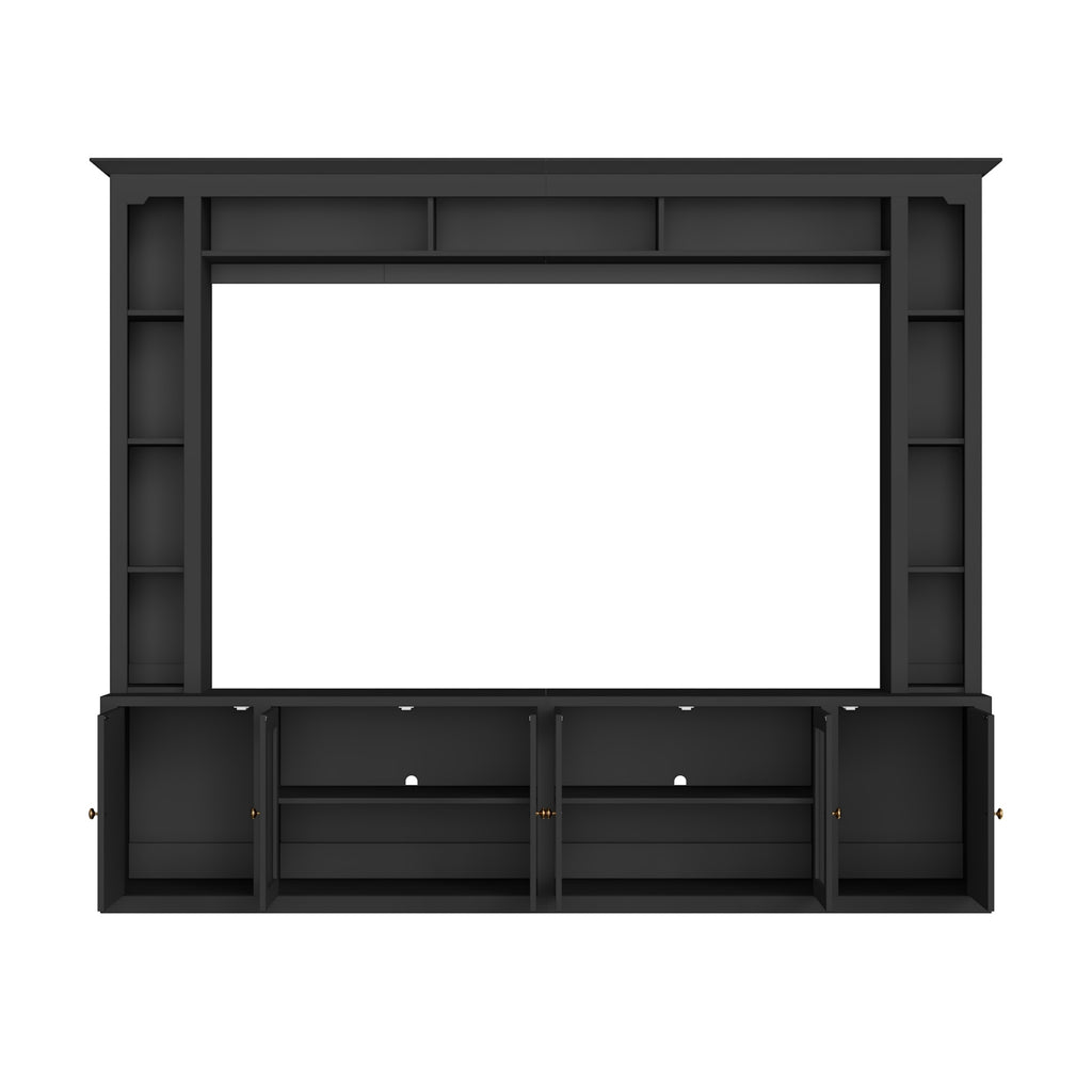 4-Piece Modern Entertainment Center Wall Unit with Bookshelves, All-in-1 Large TV Stand with Tempered Glass Door for TVs Up to 80', 92inch Media Console with Adjustable Shelves for Living Room, Black