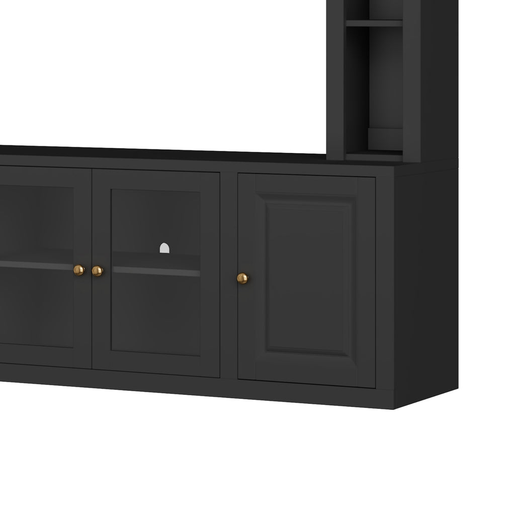 4-Piece Modern Entertainment Center Wall Unit with Bookshelves, All-in-1 Large TV Stand with Tempered Glass Door for TVs Up to 80', 92inch Media Console with Adjustable Shelves for Living Room, Black