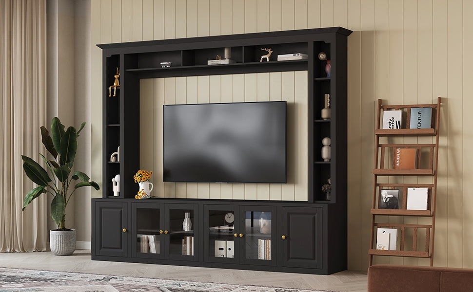 4-Piece Modern Entertainment Center Wall Unit with Bookshelves, All-in-1 Large TV Stand with Tempered Glass Door for TVs Up to 80', 92inch Media Console with Adjustable Shelves for Living Room, Black