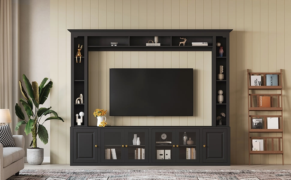 4-Piece Modern Entertainment Center Wall Unit with Bookshelves, All-in-1 Large TV Stand with Tempered Glass Door for TVs Up to 80', 92inch Media Console with Adjustable Shelves for Living Room, Black