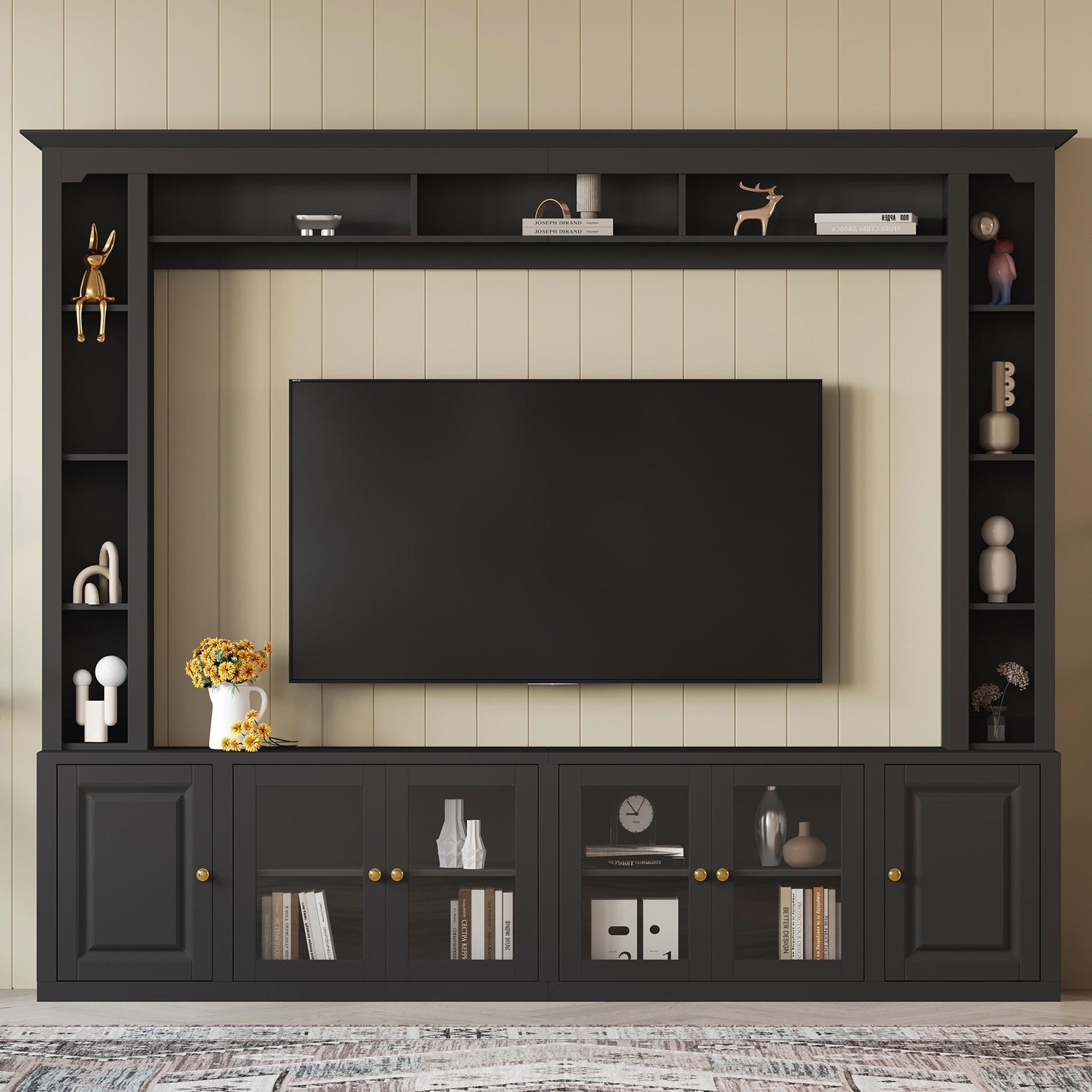 4-Piece Modern Entertainment Center Wall Unit with Bookshelves, All-in-1 Large TV Stand with Tempered Glass Door for TVs Up to 80', 92inch Media Console with Adjustable Shelves for Living Room, Black