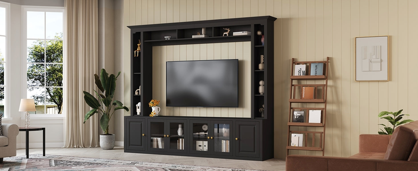 4-Piece Modern Entertainment Center Wall Unit with Bookshelves, All-in-1 Large TV Stand with Tempered Glass Door for TVs Up to 80', 92inch Media Console with Adjustable Shelves for Living Room, Black