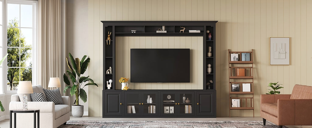 4-Piece Modern Entertainment Center Wall Unit with Bookshelves, All-in-1 Large TV Stand with Tempered Glass Door for TVs Up to 80', 92inch Media Console with Adjustable Shelves for Living Room, Black